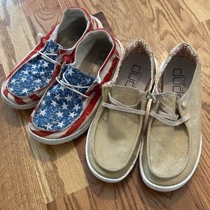Hey Dude Kids Shoes - Starry Red, Blue, and Classic Tan